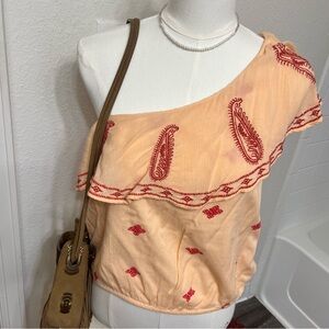Free People Peach Orange one shoulder blouse flowy boho bohemian top paisley